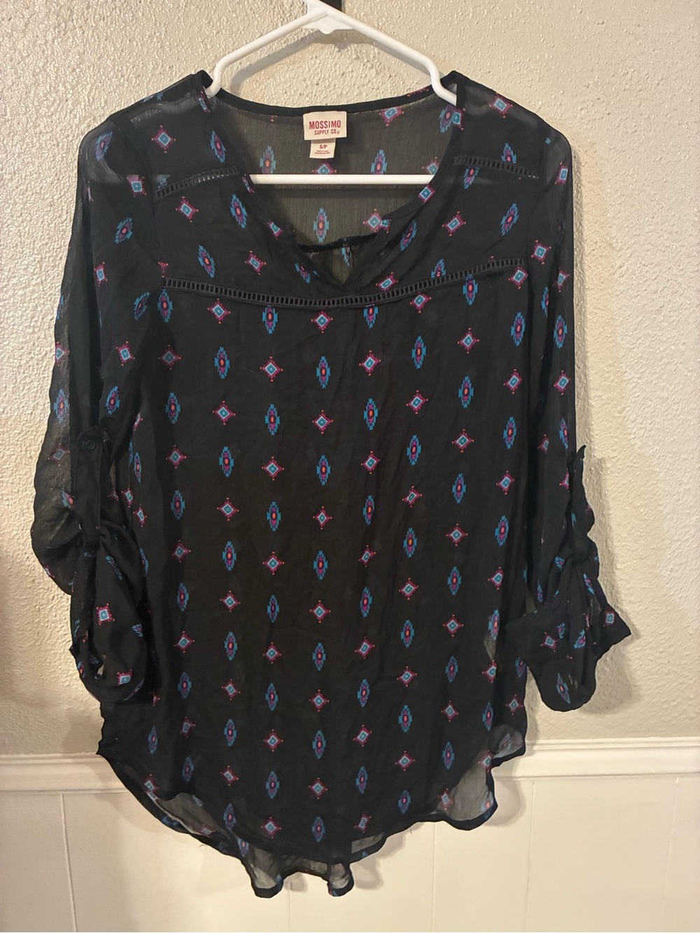 Mossimo Women’s Small Black Printed Sheer Blouse
